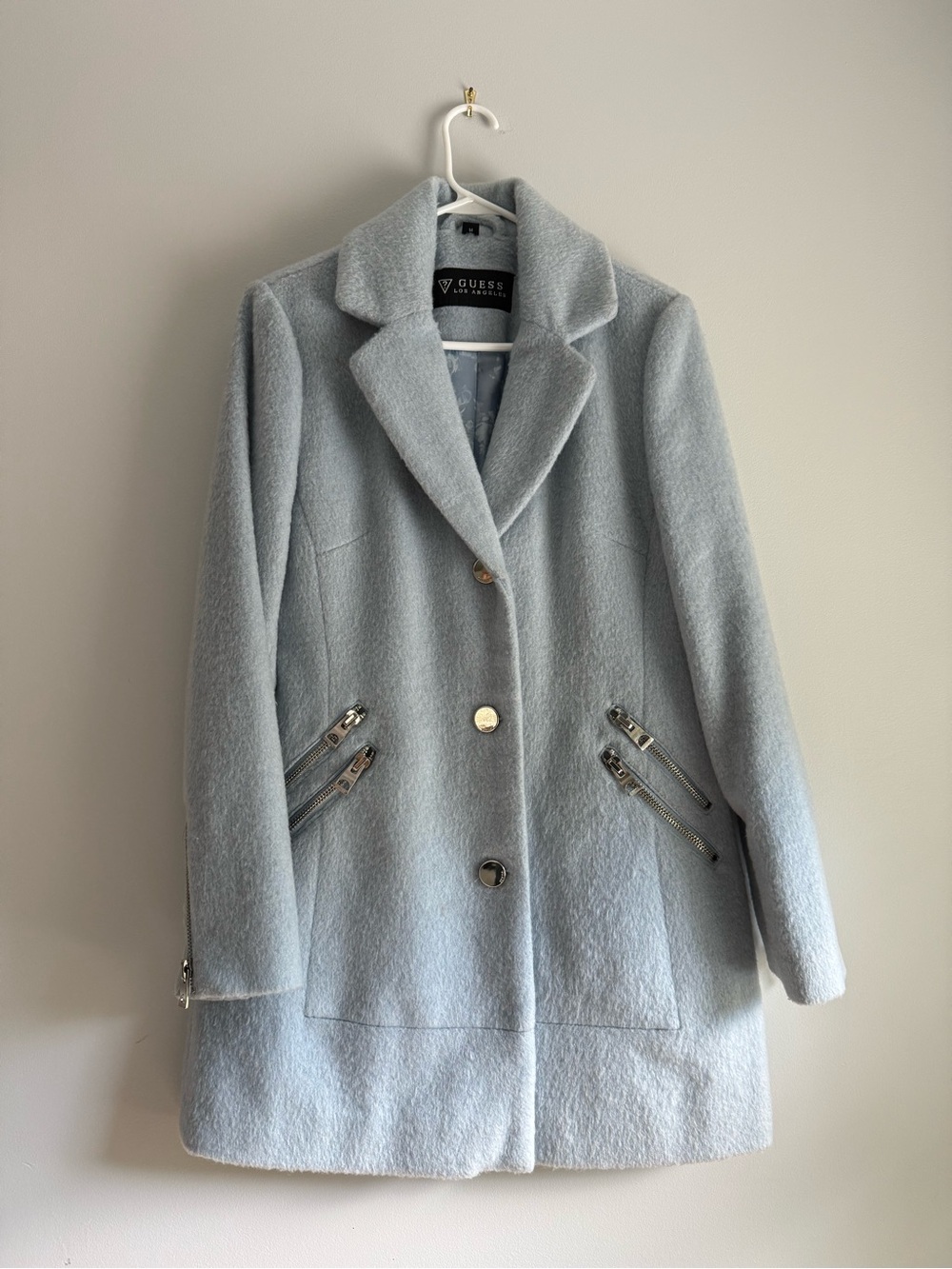 GUESS Pale Blue Wool-Blend Pea Coat with Zip Pocket Accents